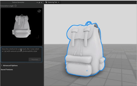 Roblox Texture Generator skins a 3d model of a backpack with 